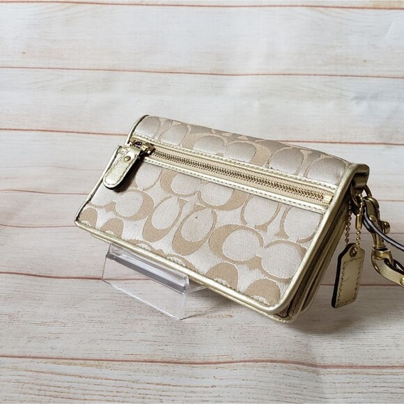 Coach Fabric Leather Logo Wristlet Wallet Metallic Gold Tan Fun Print - Picture 4 of 16